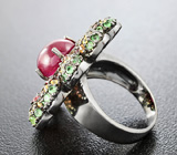 Серебряное кольцо с рубином, сапфирами и цаворитами Серебро 925