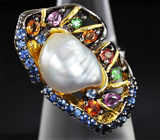Серебряное кольцо с жемчужиной, разноцветными сапфирами и цворитами Серебро 925