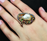 Серебряное кольцо с жемчужиной, разноцветными сапфирами и цворитами Серебро 925