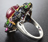 Серебряное кольцо с рубином, хромдиопсидами и разноцветными сапфирами Серебро 925