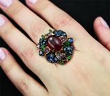 Серебряное кольцо с рубином, хромдиопсидами и разноцветными сапфирами Серебро 925