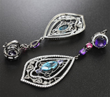 Крупные филигранные серебряные серьги с самоцветами Серебро 925
