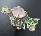 Серебряное кольцо с розовым кварцем и зелеными агатами Серебро 925