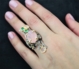 Серебряное кольцо с розовым кварцем и зелеными агатами Серебро 925