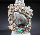 Серебряное кольцо с «садовым» кварцем, солнечным камнем и зеленым агатом Серебро 925