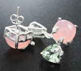 Чудесные серебряные серьги с розовым кварцем и зелеными аметистами Серебро 925