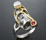 Серебряное кольцо с жемчужином и оранжевым сапфиром
