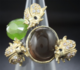 Серебряное кольцо с дымчатым кварцем, перидотом и черными шпинелями Серебро 925