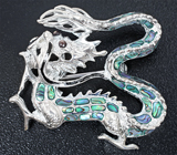 Серебряная брошь/кулон «Дракон» с цветным жемчугом и радужным абалоном Серебро 925