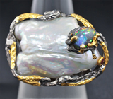 Серебряное кольцо с жемчужиной, кристаллическим черным опалом и пурпурным сапфиром Серебро 925