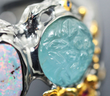 Серебряный браслет с резным аквамарином, австралийским дублет опалом, разноцветными сапфирами Серебро 925