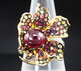 Серебряное кольцо с рубином, разноцветными сапфирами и цаворитами Серебро 925