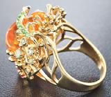 Кольцо с крупным мексиканским огненным опалом и самоцветами Золото