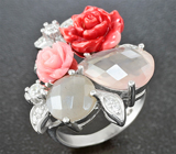 Эффектное серебряное кольцо с розовым кварцем и лунным камнем Серебро 925