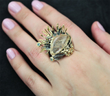 Серебряное кольцо с рутиловым кварцем и голубыми топазами Серебро 925