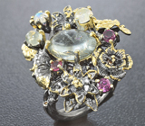 Серебряное кольцо с гошенитом, лунным камнем и родолитами гранатами Серебро 925