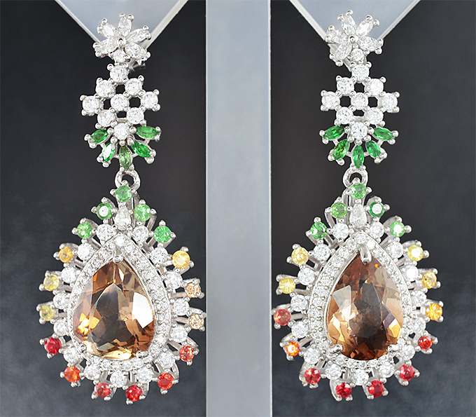 Превосходные серебряные серьги с империал топазами, цаворитами и сапфирами