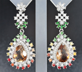 Превосходные серебряные серьги с империал топазами, цаворитами и сапфирами Серебро 925