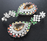 Превосходные серебряные серьги с империал топазами, цаворитами и сапфирами Серебро 925