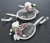 Серебряные серьги с рутиловым кварцем, жемчугом и цветной эмалью Серебро 925