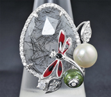 Серебряное кольцо с рутиловым кварцем, жемчужиной и цветной эмалью Серебро 925