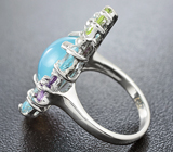 Праздничное серебряное кольцо с голубым халцедоном и самоцветами Серебро 925