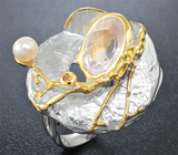 Серебряное кольцо с розовым кварцем, жемчугом и сапфирами Серебро 925