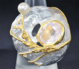 Серебряное кольцо с розовым кварцем, жемчугом и сапфирами Серебро 925