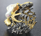 Серебряное кольцо с жемчужиной барокко и родолитом Серебро 925
