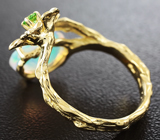 Золотое кольцо с ограненным эфиопским опалом 1,2 карат, цаворитом и бриллиантом Золото