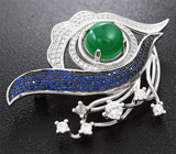 Изысканная cеребряная брошь с зеленым агатом Серебро 925