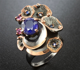 Серебряное кольцо с синими сапфирами и родолитами Серебро 925