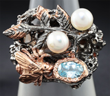 Серебряное кольцо с жемчугом и голубым топазом Серебро 925