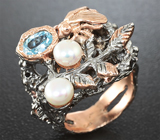 Серебряное кольцо с жемчугом и голубым топазом Серебро 925