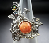 Серебряное кольцо с солнечным камнем и черными опалами Серебро 925