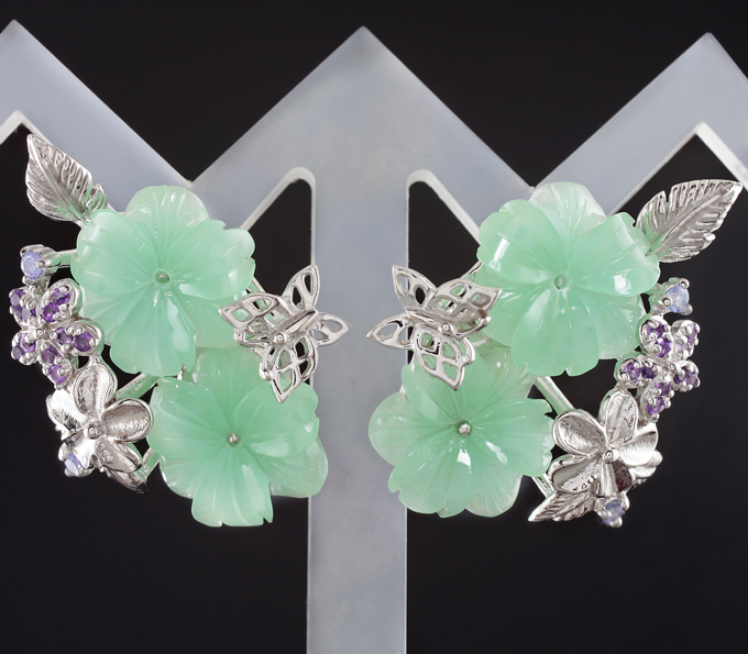 Великолепные серебряные серьги с аметистами и танзанитами