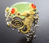 Серебряное кольцо с пренитом, корнелианами, изумрудом и зеленовато-желтыми сапфирами Серебро 925