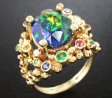 Золотое кольцо с ограненным черным опалом 2,99 карат, разноцветными сапфирами, цаворитами и бриллиантами Золото