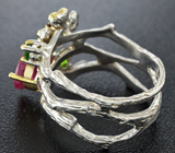 Серебряное кольцо с рубином, диопсидами и мозамбикским гранатом Серебро 925