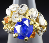 Серебряное кольцо с синим и желтыми сапфирами Серебро 925