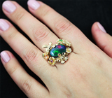 Золотое кольцо с кристаллическим черным опалом 3,85 карат, цаворитами , сапфирами, рубинами и бриллиантами Золото