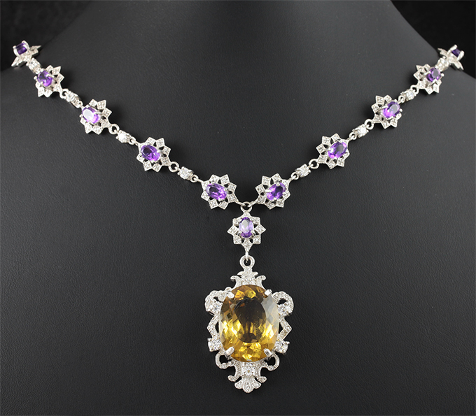 Изысканное серебряное колье с цитрином и аметистами
