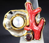 Серебряное кольцо с кораллом, жемчужиной и родолитом гранатом Серебро 925