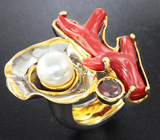 Серебряное кольцо с кораллом, жемчужиной и родолитом гранатом Серебро 925