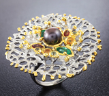 Серебряное кольцо с жемчугом, изумрудами и сапфирами Серебро 925