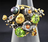 Серебряное кольцо с цветной жемчужиной, перидотами и сапфирами Серебро 925