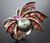 Необычное серебряное кольцо с жемчужиной и цветной эмалью Серебро 925
