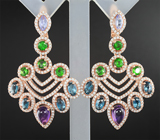 Серебряные серьги с аметистами, насыщенно-синими топазами и цаворитами Серебро 925