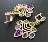 Серебряные серьги с аметистами, насыщенно-синими топазами и цаворитами Серебро 925