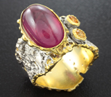 Серебряное кольцо с рубином и золотистыми сапфирами Серебро 925
